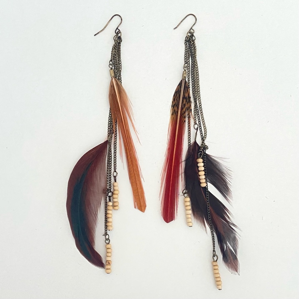 Feather & Wooden Beads Boho Earrings w/ dangling Feathers & Chains - Picture 1 of 5